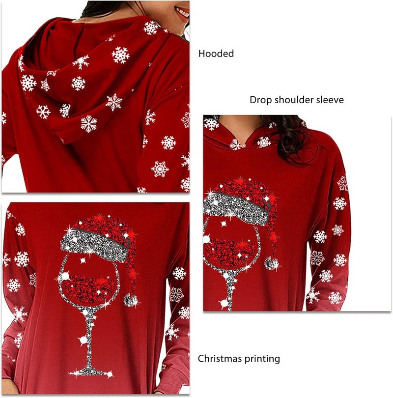 woobles Hoodie Dress, Womens Hoodie Dress Christmas Pattern Print Polyester Casual for Shopping - Image 4